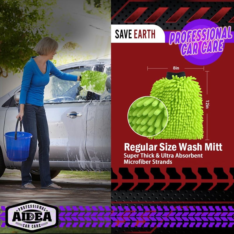 AIDEA Car Wash Mitt Microfiber, 2PK-Scratch-Free& Lint-Free, Premium Chenille Microfiber Wash Mitt-Green Extra Large Size (8''X12'') - Image 2